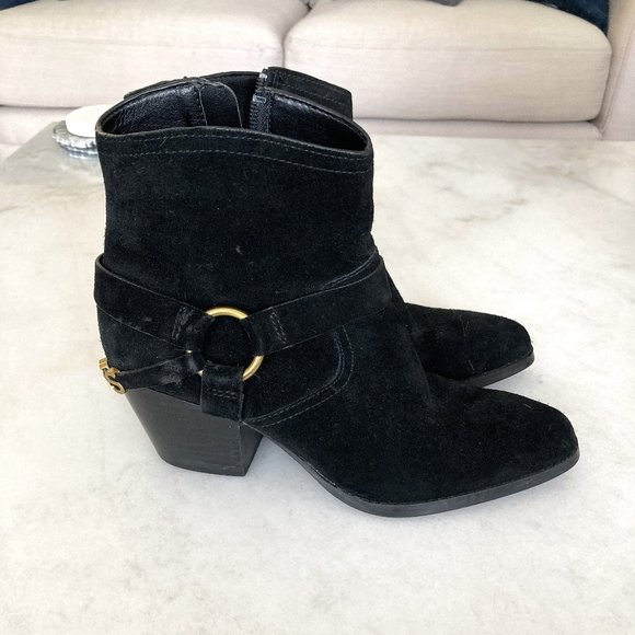 Michael Kors Goldie black suede western ankle boot / bootie, gold hardware - Picture 2 of 8